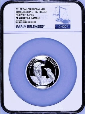 2017 P Australia HIGH RELIEF 5oz Silver Kookaburra $8 Coin NGC PF70 UC ER + OGP - Image 1 of 4