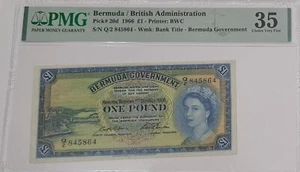 1966 Bermuda Government / British Admin QE II 1 Pound SN# Q2845864 PMG 35 Note - Picture 1 of 4