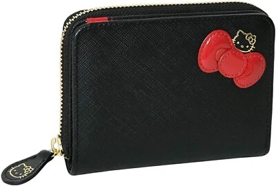 Cartera pequeña Hello Kitty cinta negra con cremallera de cuero H10,0 x W 13,0 x D 3,5 cm Foto 1 de 4