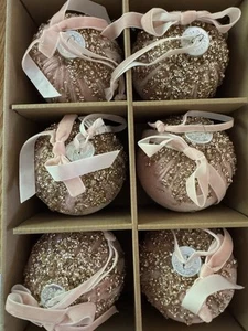 6 Pottery Barn Teen X LoveShackFancy Pink sparkle ball ornaments, velvet, gold - Picture 1 of 4