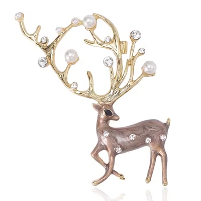 Broche de ciervo de Navidad esmaltado estrás perla prendedor, regalo de joyas de invierno de vacaciones Foto 1 de 4