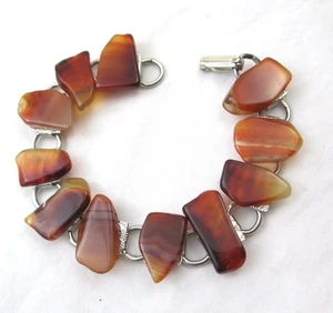 Vintage Brown Polished Agate Stone SIlver Link Bracelet 7" - Picture 1 of 3