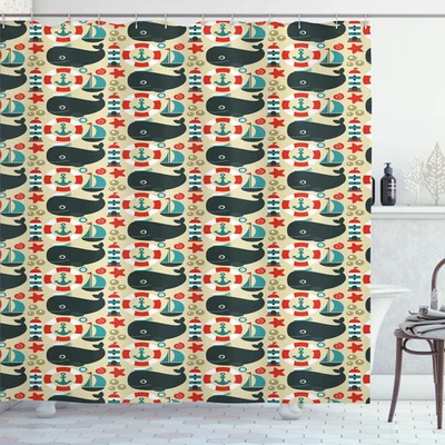 Abakuhaus, Wale Duschvorhang, Leuchtturm Anker spielt Boot, 175 cm x 180 cm - Bild 1 von 4