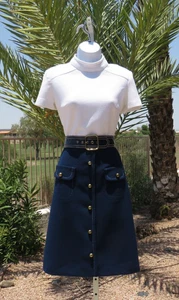VTG 1960s MOD I. MAGNIN SCOOTER DRESS BLUE WHITE PATENT BELT HALF MOON BUTTONS - Picture 1 of 17