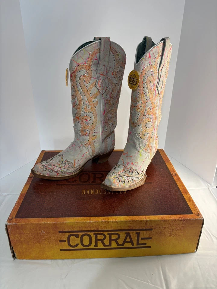 Corral Ladies Multicolor Overlay Neon Black Light Snip Toe Boots C3980 7 1/2 M