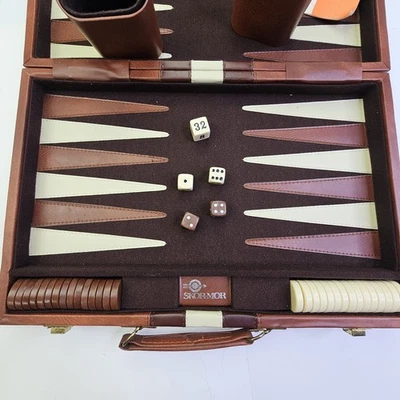 Vintage Backgammon Set in Leather Carrying Case, SKOR-MOR Rule Book Included  - Image 1 of 4