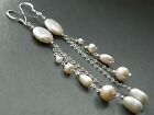 Alex Polizzi Style Long Earrings ~ White Freshwater Pearls & 925 Sterling Silver