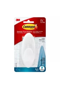 Command Bath Large Towel Hook Hold 5LB Water Resist, 1 Hook 1 Large Strip 1 Pack - Picture 1 of 4