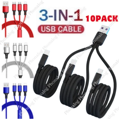 10X Lot 3A Fast USB Charging Cable 3in 1 Charger Cord For iPhone USB-C Micro USB - Image 1 of 4