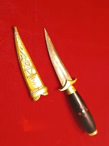 Interesting Small Curved Middle Eastern Dagger Brass Sheath Inlaid Handle - Picture 1 of 12
