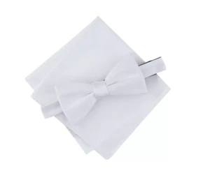 Men's Bespoke Pre-Tied Bow Tie White Set Adjustable Bowtie Pocket Square - Picture 1 of 1