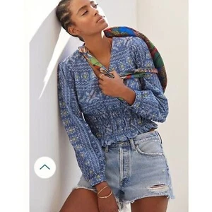 Anthropologie Forever That Girl Top blau bestickt gesmokt Rüschen Boho Small - Bild 1 von 10