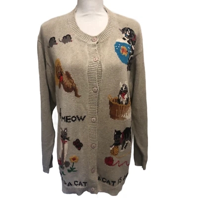 The Quacker Factory A Cat Is A Cat Size L Button Cardigan Kitty Granny Sweater - Image 1 of 4