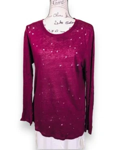 IRO Linen Distressed Long Sleeve Top Womens Size Small Burgundy Red Round Neck - Picture 1 of 10