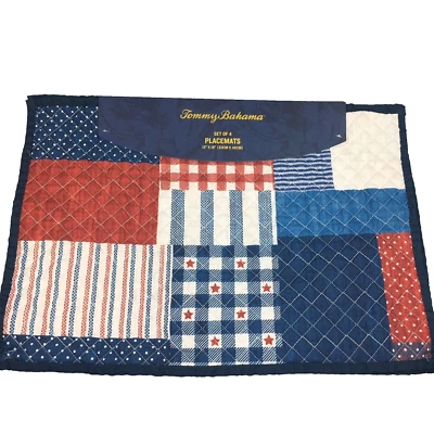 x4 Tommy Bahama Patriotic Quilted Patchwork Placemat Set Star Stripes July 4th - Image 1 of 4