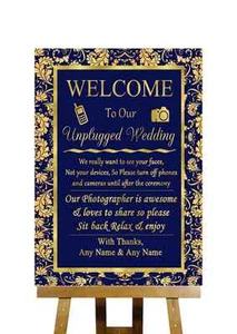 Blau und Gold Unplugged Hochzeit ohne Handys personalisiertes Hochzeitsschild - Bild 1 von 8