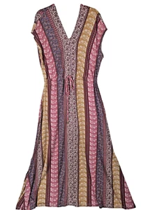 Cactus + Pearl Women size L Mix Stripe Knit Maxi Dress Slits Cottagecore Hippie - Picture 1 of 13