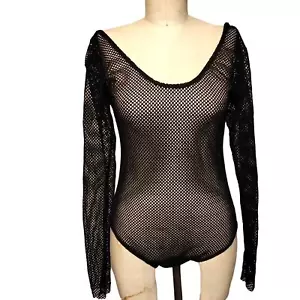 Black Fishnet Leotard Bodysuit Vintage 1980's  L/ XL - Picture 1 of 6