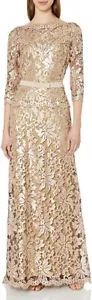 SZ 22Q Tadashi Shoji Ginseng Lace Dress Gown Sequin Gold Nude Dress Bow Waist - Picture 1 of 2