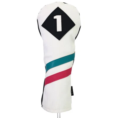 Majek Golf #1 Driver Headcover White with Teal Pink Stripe Vintage Leather Style - Image 1 of 4