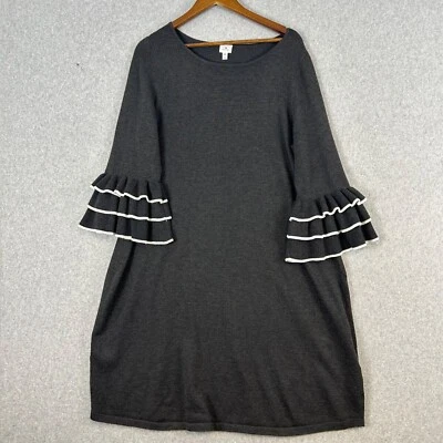 Dressbarn Dress Women 2X Dark Gray Knit Ruffle Bell Sleeve White Trim Stretch - Изображение 1 из 4