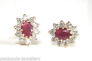 9ct Gold Ruby and CZ Studs Cluster earrings Gift Boxed Made in UK Birthday Gift
