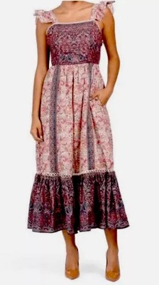 Haute Hippie Dress 6 New Pretty Paisley Flutter Sleeve Lace Trim Boho Hippy Midi - Image 1 of 4