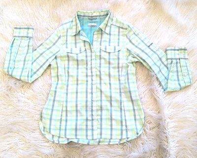 Columbia Omni-Shade 女式 S 蓝色绿色格子长袖纽扣衬衫 — 第 1/4 张图片
