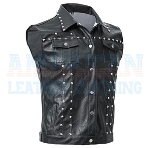 Men’s Punk Rivet Studded Leather Vest Slim Fit Sleeveless Waistcoat Biker Style - Picture 1 of 5