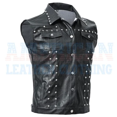 Men’s Punk Rivet Studded Leather Vest Slim Fit Sleeveless Waistcoat Biker Style - Image 1 of 4
