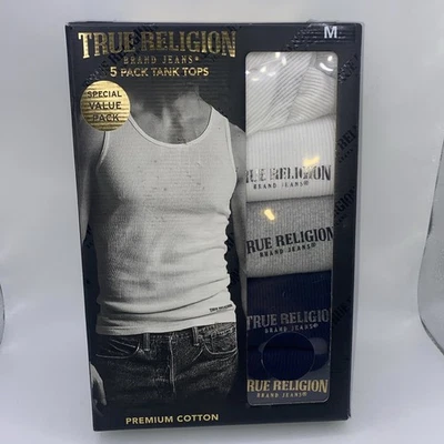 True Religion Mens 5 Pack Tank Tops Undershirts Size M With Logo  - Image 1 of 3