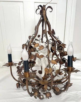 Vintage Floral Gilt Tole Chandelier 6 Arms Birdcage Porcelain Cherub Putto - Image 1 of 4