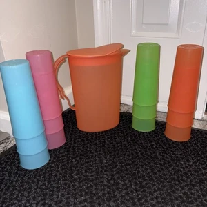 Tupperware Tumbler Cups 16oz #107 1990s Set Of 12 Multi Color & Orange Pitcher - Picture 1 of 9