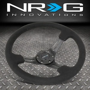 NRG REINFORCED 350MM 3" DEEP SPOKE BLACK STITCH ALCANTARA GRIP STEERING WHEEL - Picture 1 of 5