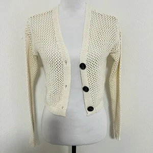 No Boundaries Ivory XS Crochet Knitted Crop Brown Button Front Cardigan  - Picture 1 of 7