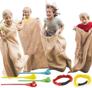 4 Player Outdoor Games, Potato Sack Race Bags, 3 Legged Race, Egg & Spoon  - Picture 1 of 8