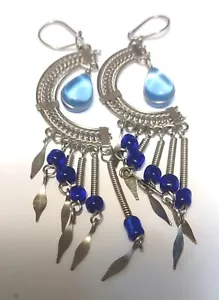 Pendientes colgantes vintage de gancho estilo boho plateado y azul de 2,5 - Imagen 1 de 1