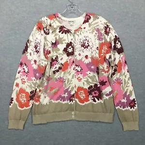 Cherokee XL Floral Button-Up Cardigan Crew Neck Purple Beige Orange Tight Knit - Picture 1 of 11