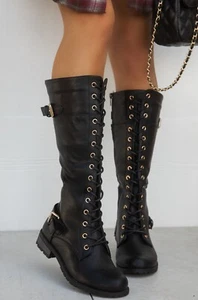 New Black Lace-Up Knee High Combat Military Boots Lug Sole Block Heel Round Toe - Picture 1 of 4