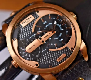 Diesel Men's "Mini Daddy" Rose Gold/Leather Dual Time Watch DZ7317 NEW BATTERY! - Picture 1 of 11