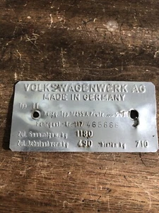 1967 Volkswagen Type 11 Beetle Sedan VIN Name ID Plate Original Germany ITEM#1 - Picture 1 of 3