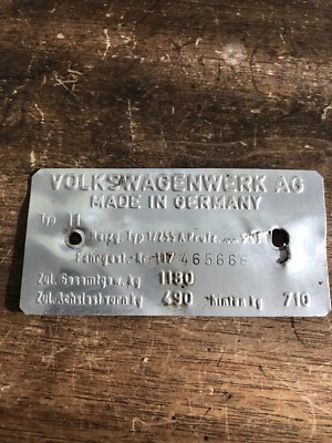 1967 Volkswagen Type 11 Beetle Sedan VIN Name ID Plate Original Germany ITEM#1 - Image 1 of 3