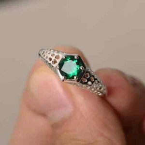 1.20Ct Round Cut Lab-Created Green Emerald Engagement Ring 14K White Gold Plated - Picture 1 of 9