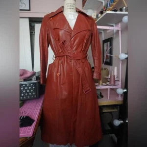 70’s Long rustic red authentic leather trench coat vintage Coat |Spy Trench - Picture 1 of 9
