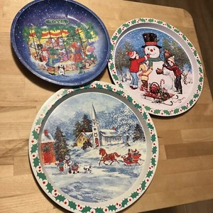Menge 3 Vintage Weihnachten Dose Plätzchen Servieren 13" Tabletts Teller Metall Platten süß - Bild 1 von 16