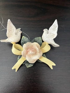 Victorian White Dove Love Birds on a Cream Bow with a Pink Rose Ornament - Picture 1 of 9