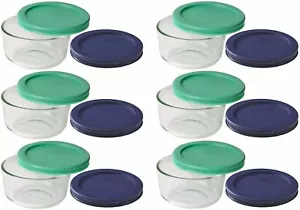 Pyrex Storage 1 Cup Round Dish, Clear with Green + Blue Lids, Pack of 6, with... - Picture 1 of 1