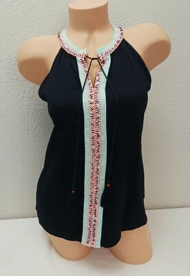 Charming Charlie Black Orange Turquoise Sleeveless Tie Front Blouse Top Small S - Image 1 of 4