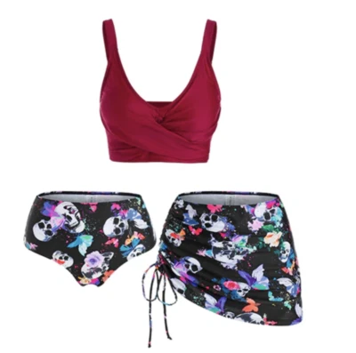 Plus Size Curvy Floral Skull Goth Punk Swimsuit Bikini 3 Piece Set - Image 1 of 4