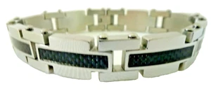 Men's Polished Stainless Steel and Plated Black Carbon Fiber Bracelet 8.5 " - Picture 1 of 5